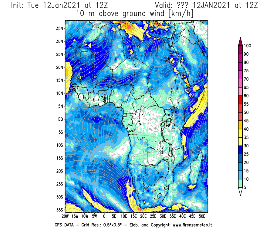Mappa di analisi GFS - Velocità del vento a 10 metri dal suolo [km/h] in Africa
							del 12/01/2021 12 <!--googleoff: index-->UTC<!--googleon: index-->