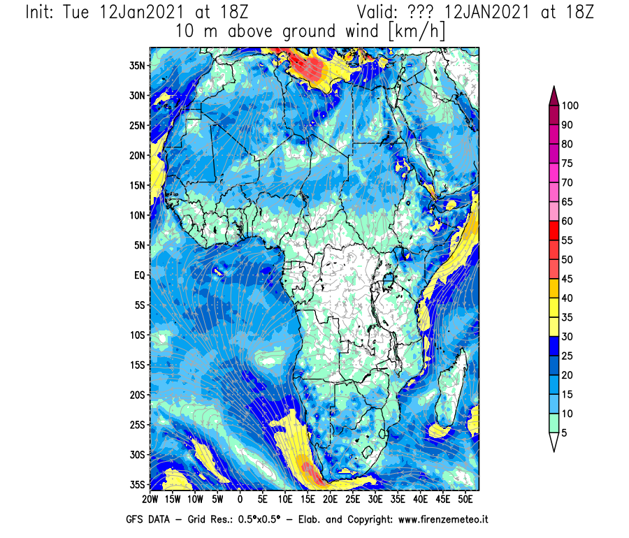 Mappa di analisi GFS - Velocità del vento a 10 metri dal suolo [km/h] in Africa
									del 12/01/2021 18 <!--googleoff: index-->UTC<!--googleon: index-->