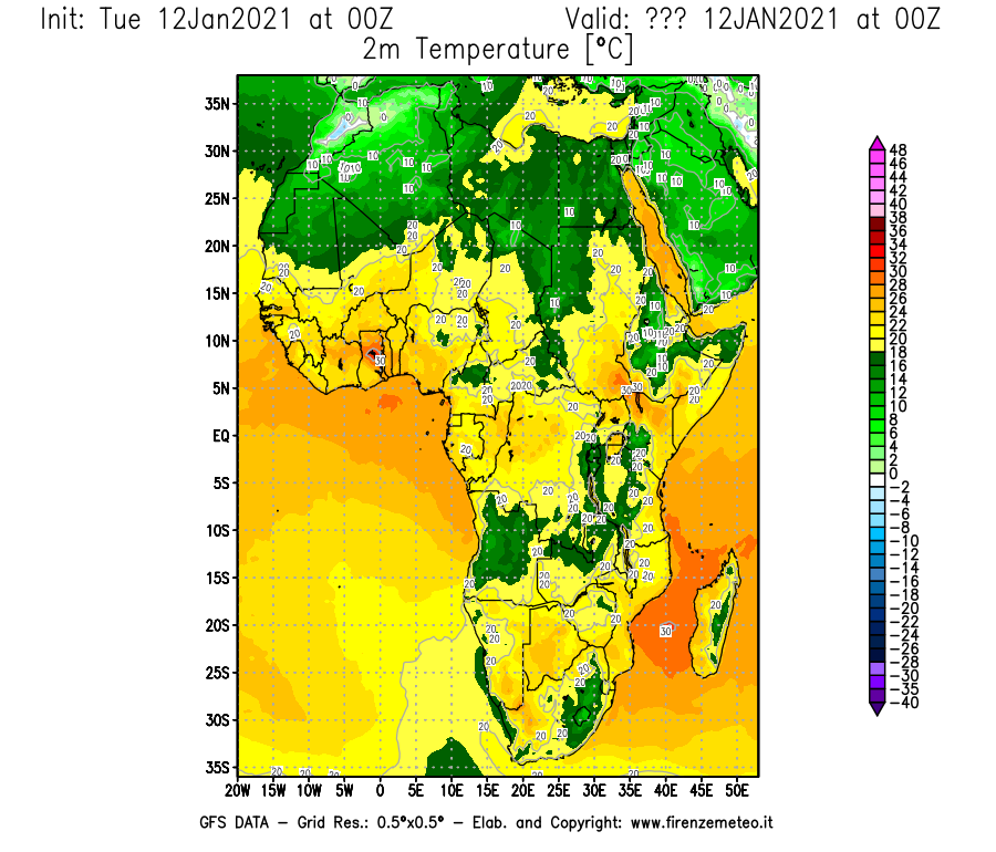 Mappa di analisi GFS - Temperatura a 2 metri dal suolo [°C] in Africa
									del 12/01/2021 00 <!--googleoff: index-->UTC<!--googleon: index-->