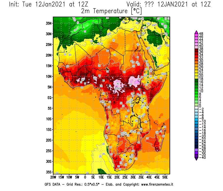 Mappa di analisi GFS - Temperatura a 2 metri dal suolo [°C] in Africa
							del 12/01/2021 12 <!--googleoff: index-->UTC<!--googleon: index-->