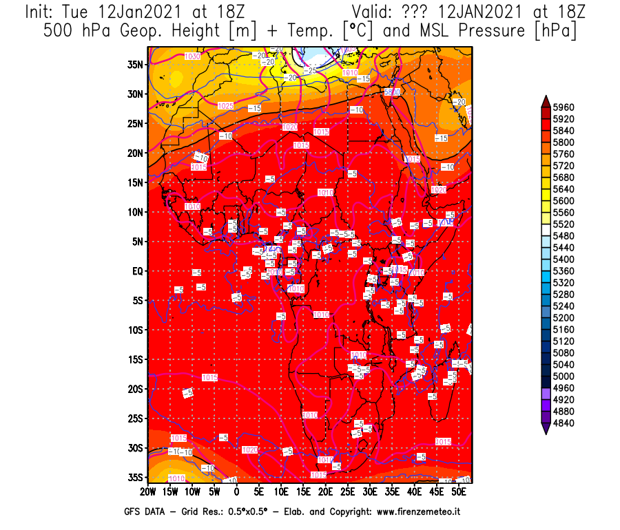 Mappa di analisi GFS - Geopotenziale [m] + Temp. [°C] a 500 hPa + Press. a livello del mare [hPa] in Africa
							del 12/01/2021 18 <!--googleoff: index-->UTC<!--googleon: index-->