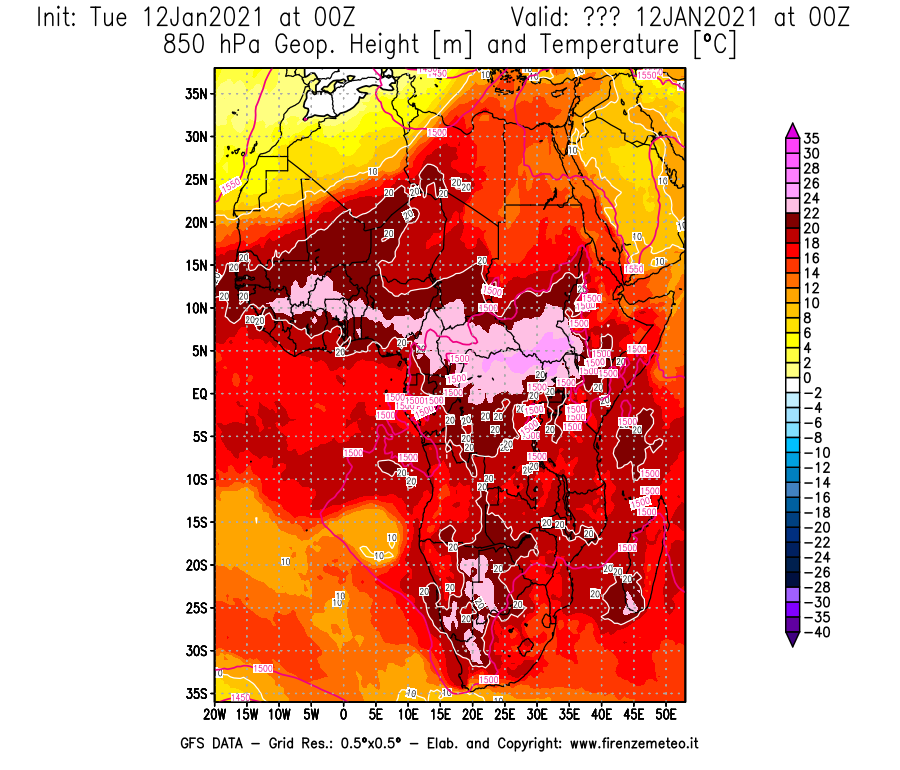 Mappa di analisi GFS - Geopotenziale [m] e Temperatura [°C] a 850 hPa in Africa
							del 12/01/2021 00 <!--googleoff: index-->UTC<!--googleon: index-->