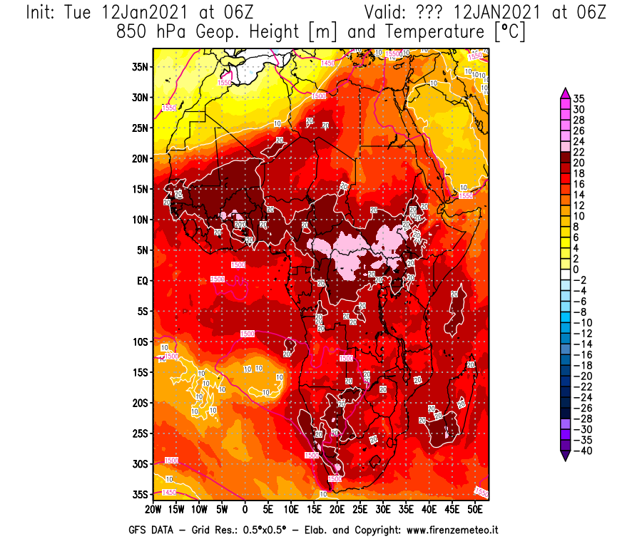Mappa di analisi GFS - Geopotenziale [m] e Temperatura [°C] a 850 hPa in Africa
							del 12/01/2021 06 <!--googleoff: index-->UTC<!--googleon: index-->