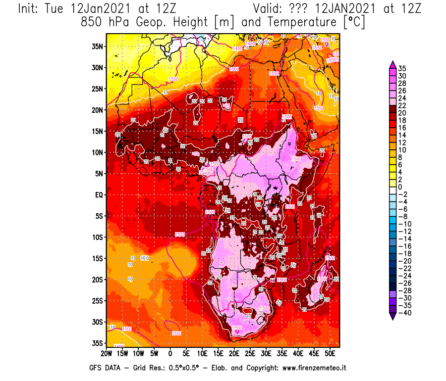 Mappa di analisi GFS - Geopotenziale [m] e Temperatura [°C] a 850 hPa in Africa
									del 12/01/2021 12 <!--googleoff: index-->UTC<!--googleon: index-->