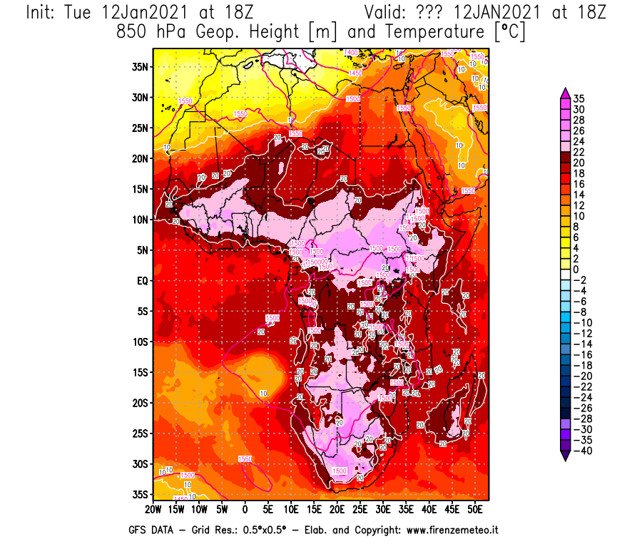 Mappa di analisi GFS - Geopotenziale [m] e Temperatura [°C] a 850 hPa in Africa
									del 12/01/2021 18 <!--googleoff: index-->UTC<!--googleon: index-->