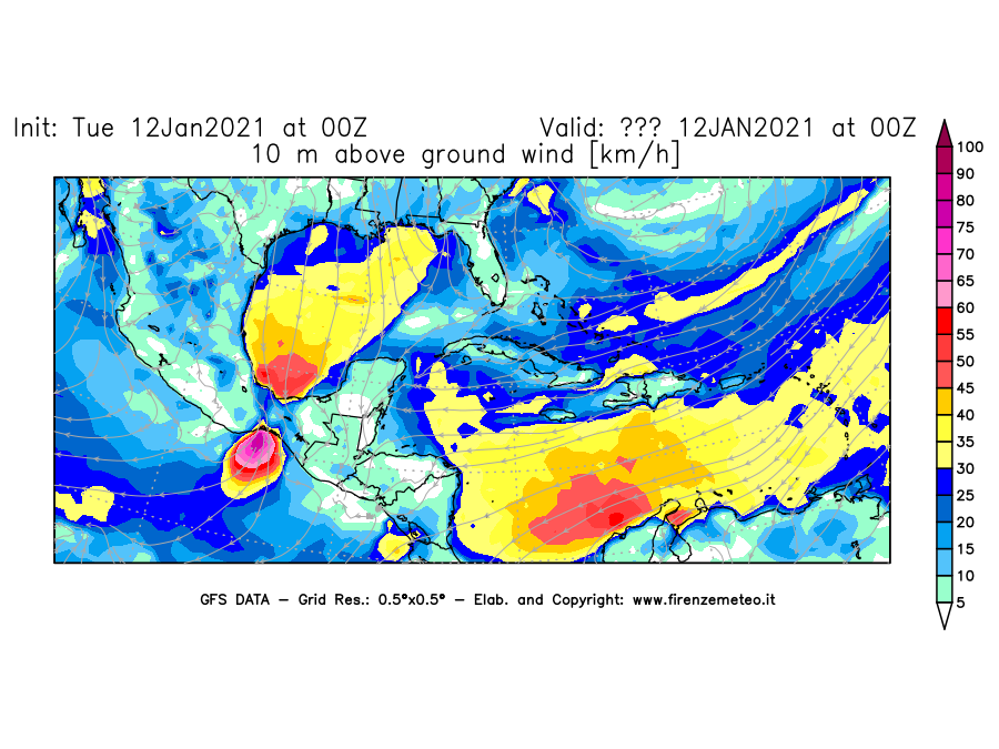 Mappa di analisi GFS - Velocità del vento a 10 metri dal suolo [km/h] in Centro-America
							del 12/01/2021 00 <!--googleoff: index-->UTC<!--googleon: index-->
