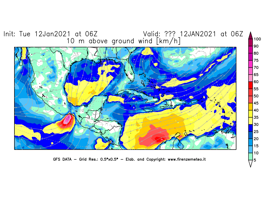 Mappa di analisi GFS - Velocità del vento a 10 metri dal suolo [km/h] in Centro-America
							del 12/01/2021 06 <!--googleoff: index-->UTC<!--googleon: index-->