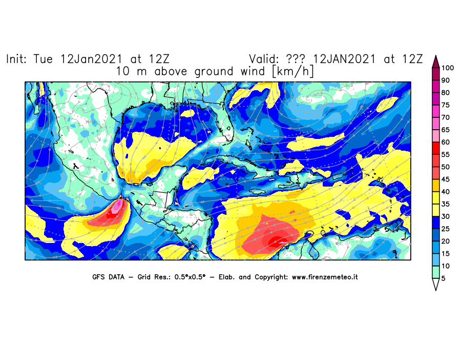 Mappa di analisi GFS - Velocità del vento a 10 metri dal suolo [km/h] in Centro-America
							del 12/01/2021 12 <!--googleoff: index-->UTC<!--googleon: index-->