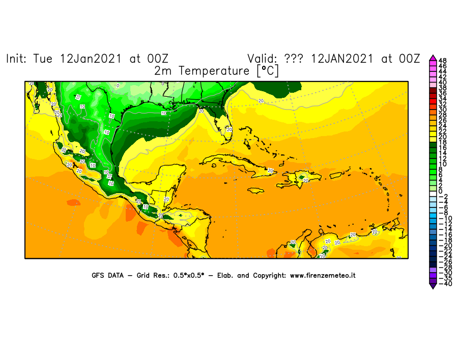Mappa di analisi GFS - Temperatura a 2 metri dal suolo [°C] in Centro-America
									del 12/01/2021 00 <!--googleoff: index-->UTC<!--googleon: index-->