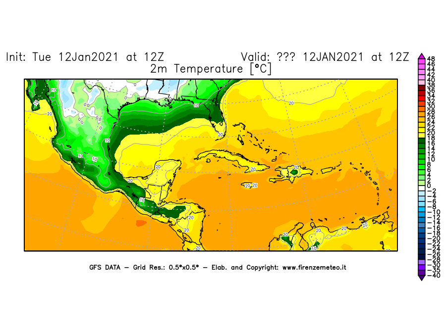 Mappa di analisi GFS - Temperatura a 2 metri dal suolo [°C] in Centro-America
							del 12/01/2021 12 <!--googleoff: index-->UTC<!--googleon: index-->