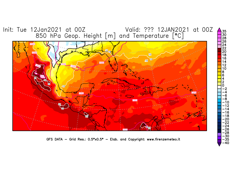 Mappa di analisi GFS - Geopotenziale [m] e Temperatura [°C] a 850 hPa in Centro-America
									del 12/01/2021 00 <!--googleoff: index-->UTC<!--googleon: index-->