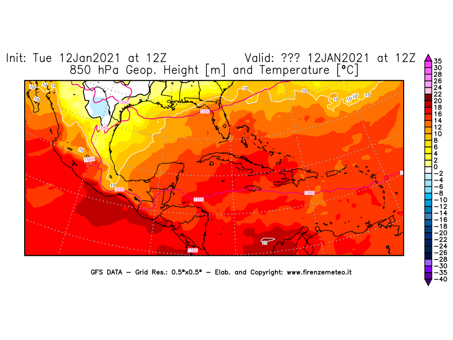 Mappa di analisi GFS - Geopotenziale [m] e Temperatura [°C] a 850 hPa in Centro-America
							del 12/01/2021 12 <!--googleoff: index-->UTC<!--googleon: index-->