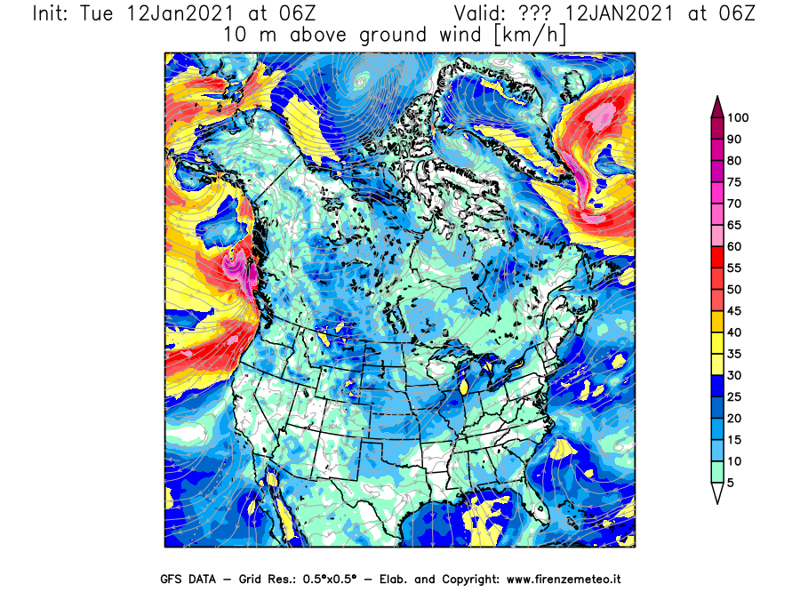 Mappa di analisi GFS - Velocità del vento a 10 metri dal suolo [km/h] in Nord-America
									del 12/01/2021 06 <!--googleoff: index-->UTC<!--googleon: index-->