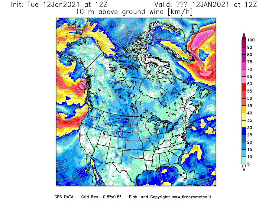 Mappa di analisi GFS - Velocità del vento a 10 metri dal suolo [km/h] in Nord-America
									del 12/01/2021 12 <!--googleoff: index-->UTC<!--googleon: index-->