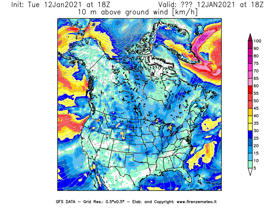Mappa di analisi GFS - Velocità del vento a 10 metri dal suolo [km/h] in Nord-America
							del 12/01/2021 18 <!--googleoff: index-->UTC<!--googleon: index-->