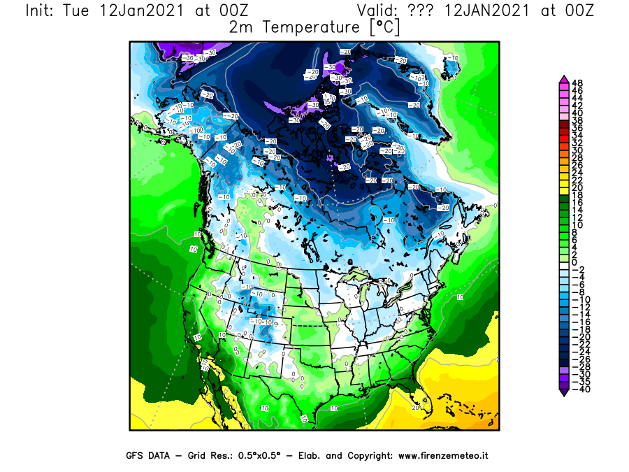 Mappa di analisi GFS - Temperatura a 2 metri dal suolo [°C] in Nord-America
									del 12/01/2021 00 <!--googleoff: index-->UTC<!--googleon: index-->