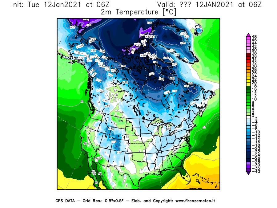 Mappa di analisi GFS - Temperatura a 2 metri dal suolo [°C] in Nord-America
									del 12/01/2021 06 <!--googleoff: index-->UTC<!--googleon: index-->