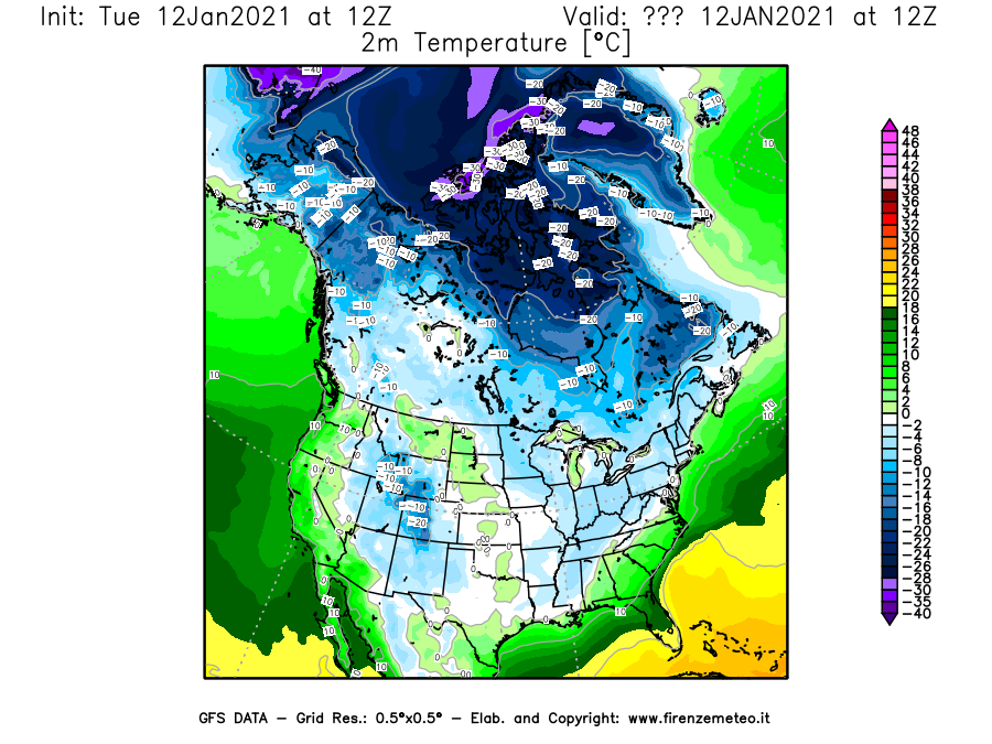 Mappa di analisi GFS - Temperatura a 2 metri dal suolo [°C] in Nord-America
							del 12/01/2021 12 <!--googleoff: index-->UTC<!--googleon: index-->