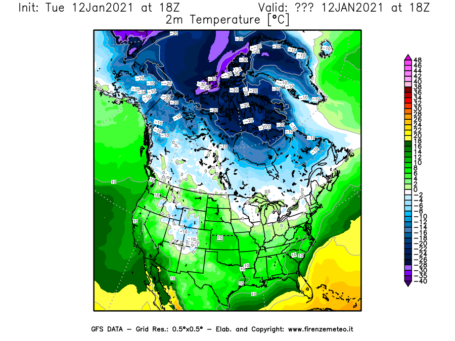 Mappa di analisi GFS - Temperatura a 2 metri dal suolo [°C] in Nord-America
									del 12/01/2021 18 <!--googleoff: index-->UTC<!--googleon: index-->