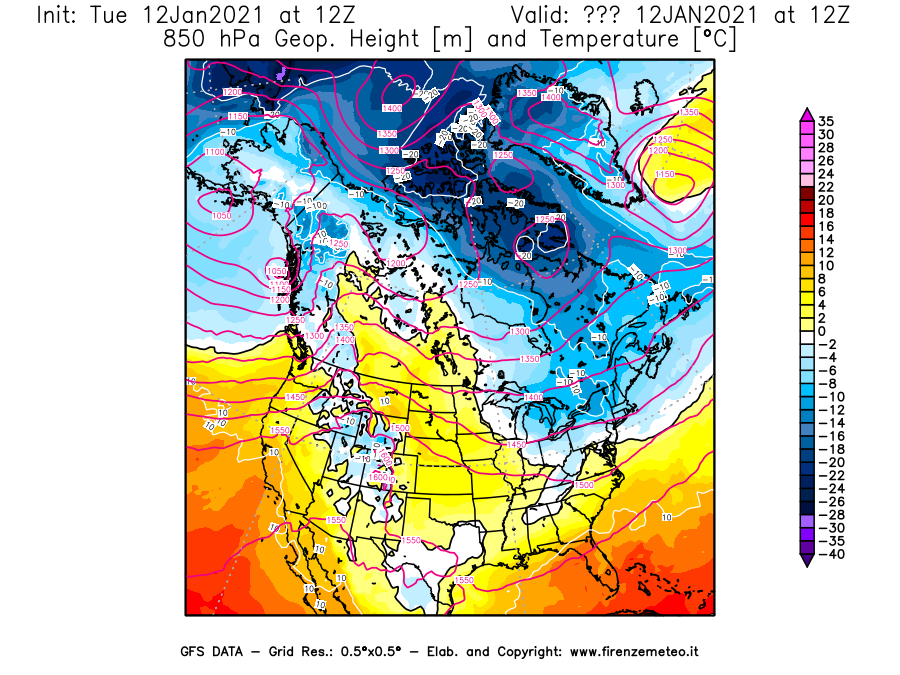 Mappa di analisi GFS - Geopotenziale [m] e Temperatura [°C] a 850 hPa in Nord-America
									del 12/01/2021 12 <!--googleoff: index-->UTC<!--googleon: index-->