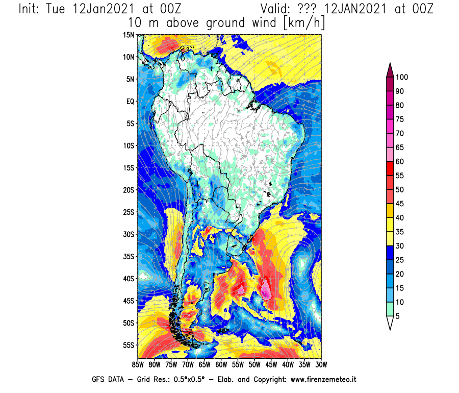 Mappa di analisi GFS - Velocità del vento a 10 metri dal suolo [km/h] in Sud-America
							del 12/01/2021 00 <!--googleoff: index-->UTC<!--googleon: index-->