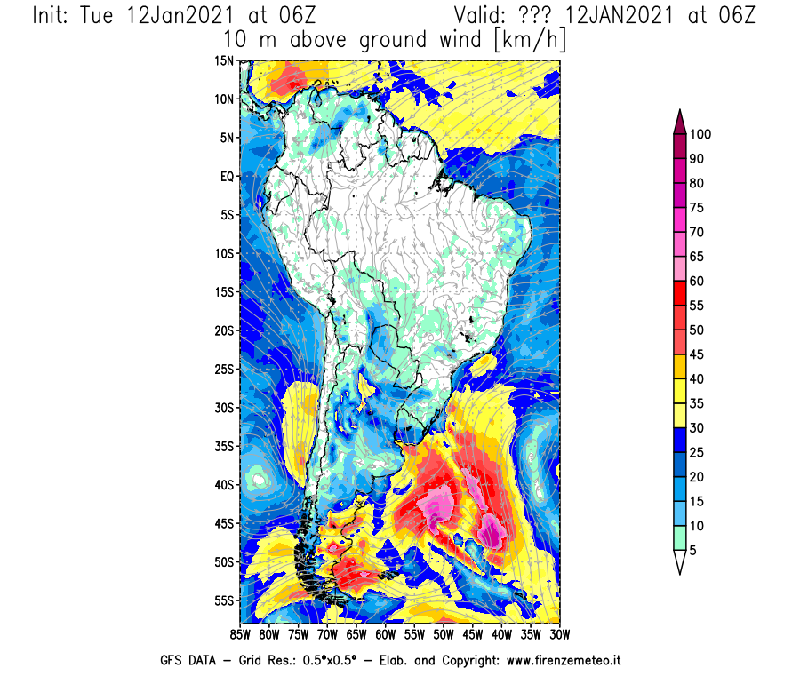 Mappa di analisi GFS - Velocità del vento a 10 metri dal suolo [km/h] in Sud-America
							del 12/01/2021 06 <!--googleoff: index-->UTC<!--googleon: index-->