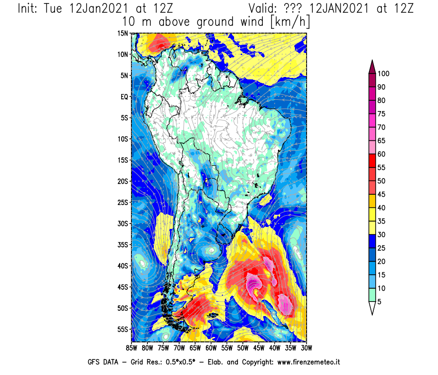 Mappa di analisi GFS - Velocità del vento a 10 metri dal suolo [km/h] in Sud-America
							del 12/01/2021 12 <!--googleoff: index-->UTC<!--googleon: index-->