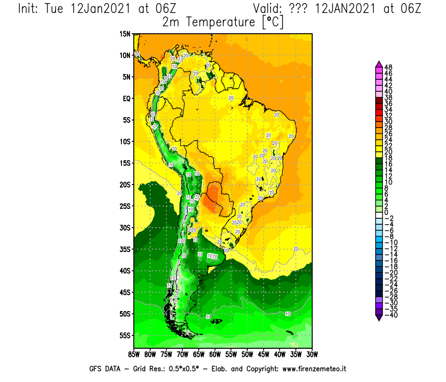 Mappa di analisi GFS - Temperatura a 2 metri dal suolo [°C] in Sud-America
							del 12/01/2021 06 <!--googleoff: index-->UTC<!--googleon: index-->
