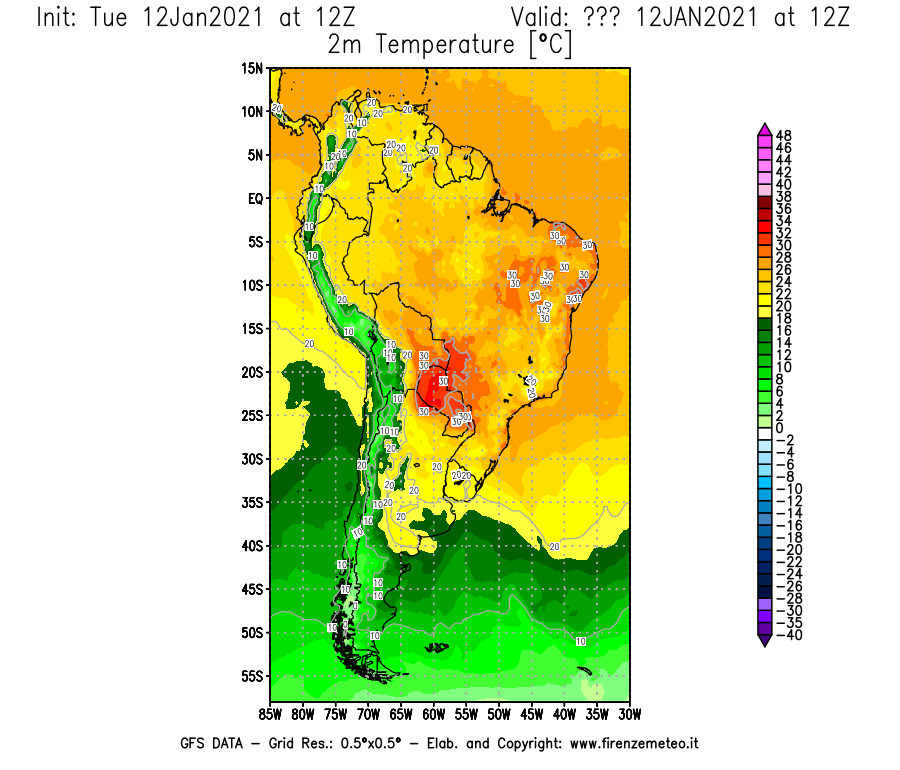 Mappa di analisi GFS - Temperatura a 2 metri dal suolo [°C] in Sud-America
									del 12/01/2021 12 <!--googleoff: index-->UTC<!--googleon: index-->