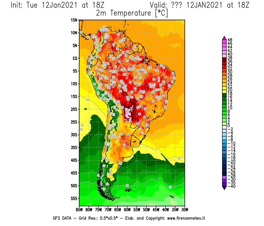 Mappa di analisi GFS - Temperatura a 2 metri dal suolo [°C] in Sud-America
							del 12/01/2021 18 <!--googleoff: index-->UTC<!--googleon: index-->