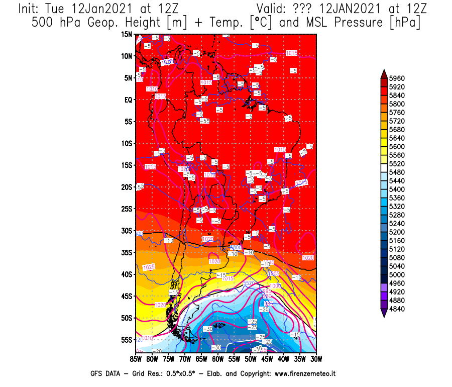 Mappa di analisi GFS - Geopotenziale [m] + Temp. [°C] a 500 hPa + Press. a livello del mare [hPa] in Sud-America
							del 12/01/2021 12 <!--googleoff: index-->UTC<!--googleon: index-->