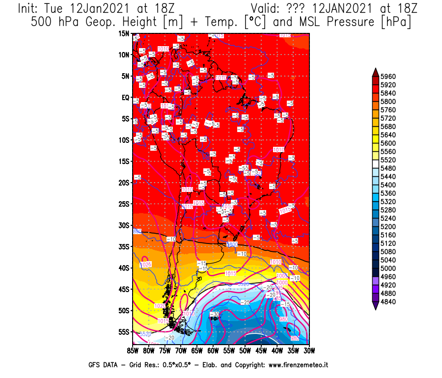 Mappa di analisi GFS - Geopotenziale [m] + Temp. [°C] a 500 hPa + Press. a livello del mare [hPa] in Sud-America
									del 12/01/2021 18 <!--googleoff: index-->UTC<!--googleon: index-->
