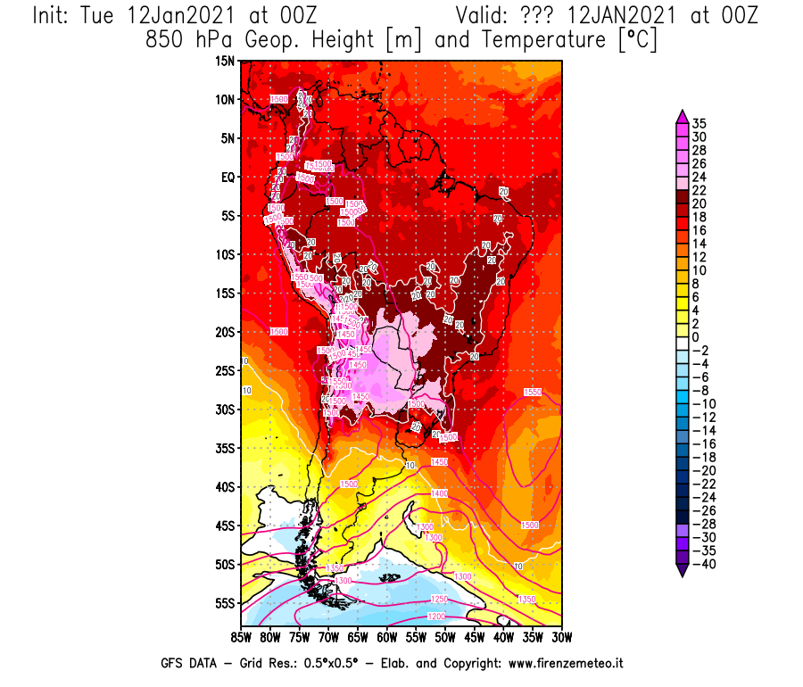 Mappa di analisi GFS - Geopotenziale [m] e Temperatura [°C] a 850 hPa in Sud-America
							del 12/01/2021 00 <!--googleoff: index-->UTC<!--googleon: index-->
