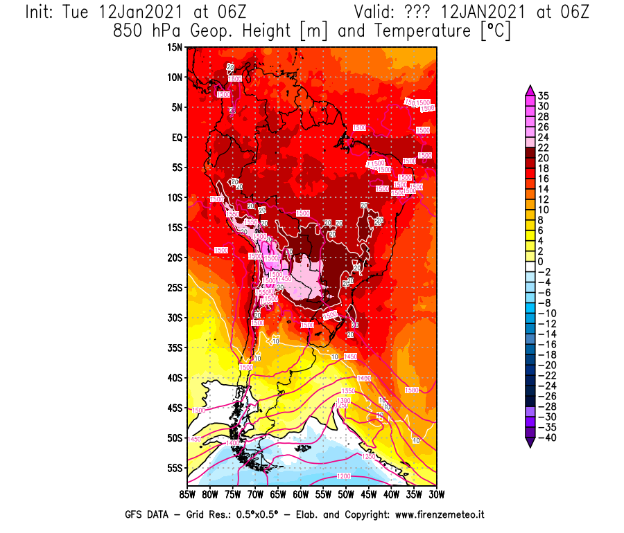Mappa di analisi GFS - Geopotenziale [m] e Temperatura [°C] a 850 hPa in Sud-America
							del 12/01/2021 06 <!--googleoff: index-->UTC<!--googleon: index-->