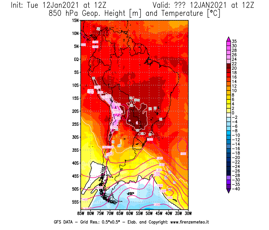 Mappa di analisi GFS - Geopotenziale [m] e Temperatura [°C] a 850 hPa in Sud-America
									del 12/01/2021 12 <!--googleoff: index-->UTC<!--googleon: index-->