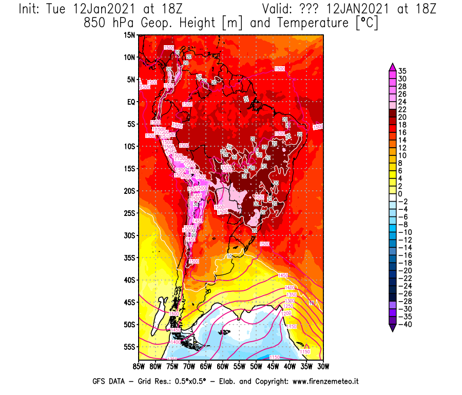 Mappa di analisi GFS - Geopotenziale [m] e Temperatura [°C] a 850 hPa in Sud-America
							del 12/01/2021 18 <!--googleoff: index-->UTC<!--googleon: index-->