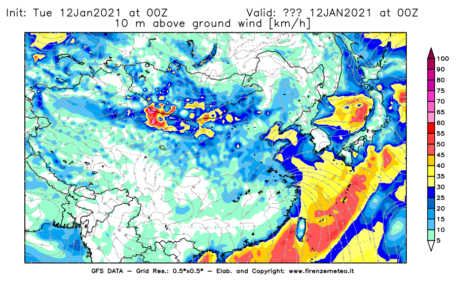 Mappa di analisi GFS - Velocità del vento a 10 metri dal suolo [km/h] in Asia Orientale
							del 12/01/2021 00 <!--googleoff: index-->UTC<!--googleon: index-->