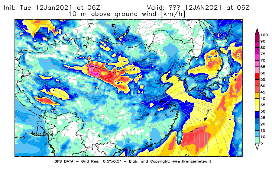 Mappa di analisi GFS - Velocità del vento a 10 metri dal suolo [km/h] in Asia Orientale
									del 12/01/2021 06 <!--googleoff: index-->UTC<!--googleon: index-->