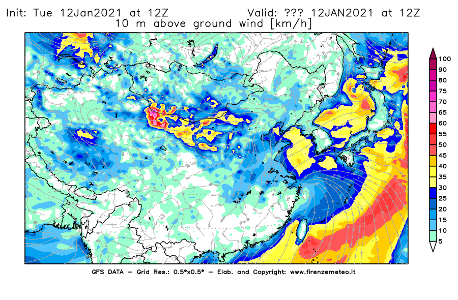 Mappa di analisi GFS - Velocità del vento a 10 metri dal suolo [km/h] in Asia Orientale
									del 12/01/2021 12 <!--googleoff: index-->UTC<!--googleon: index-->