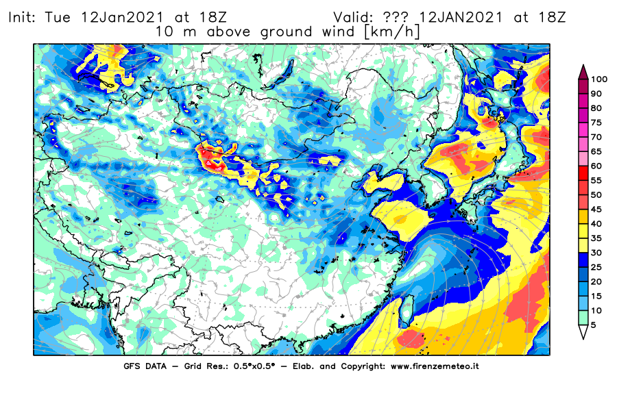 Mappa di analisi GFS - Velocità del vento a 10 metri dal suolo [km/h] in Asia Orientale
									del 12/01/2021 18 <!--googleoff: index-->UTC<!--googleon: index-->