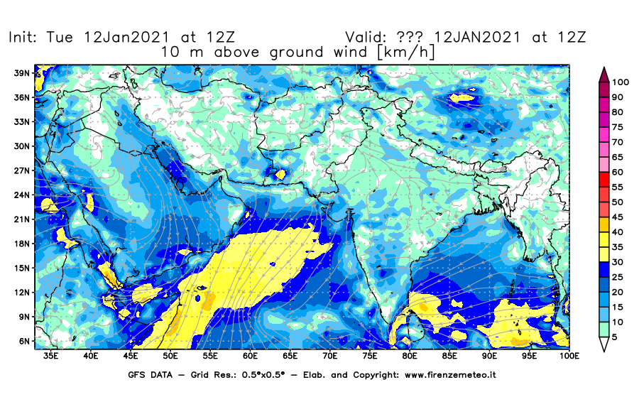 Mappa di analisi GFS - Velocità del vento a 10 metri dal suolo [km/h] in Asia Sud-Occidentale
									del 12/01/2021 12 <!--googleoff: index-->UTC<!--googleon: index-->