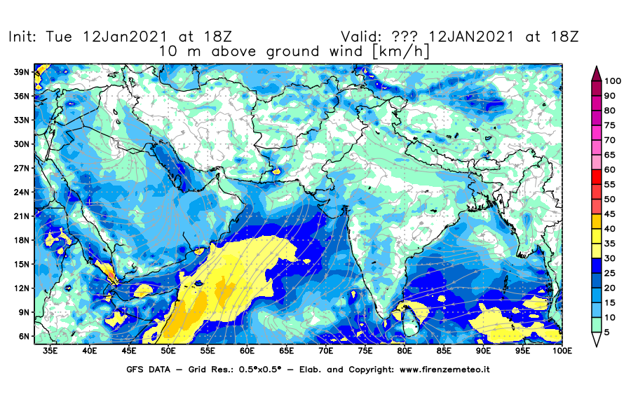 Mappa di analisi GFS - Velocità del vento a 10 metri dal suolo [km/h] in Asia Sud-Occidentale
							del 12/01/2021 18 <!--googleoff: index-->UTC<!--googleon: index-->
