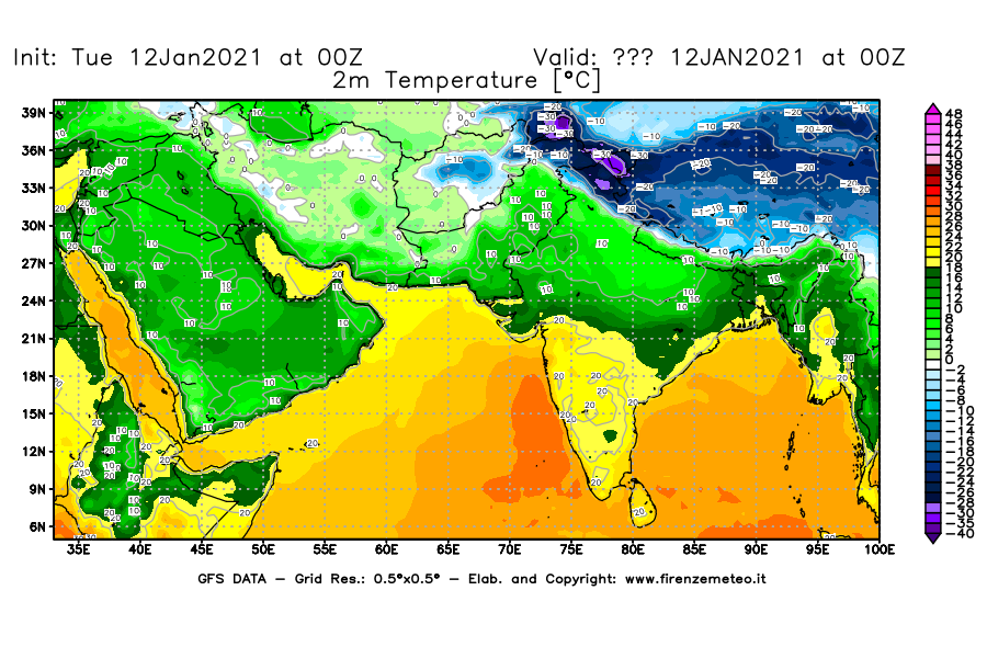 Mappa di analisi GFS - Temperatura a 2 metri dal suolo [°C] in Asia Sud-Occidentale
							del 12/01/2021 00 <!--googleoff: index-->UTC<!--googleon: index-->