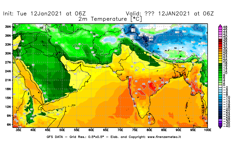 Mappa di analisi GFS - Temperatura a 2 metri dal suolo [°C] in Asia Sud-Occidentale
									del 12/01/2021 06 <!--googleoff: index-->UTC<!--googleon: index-->