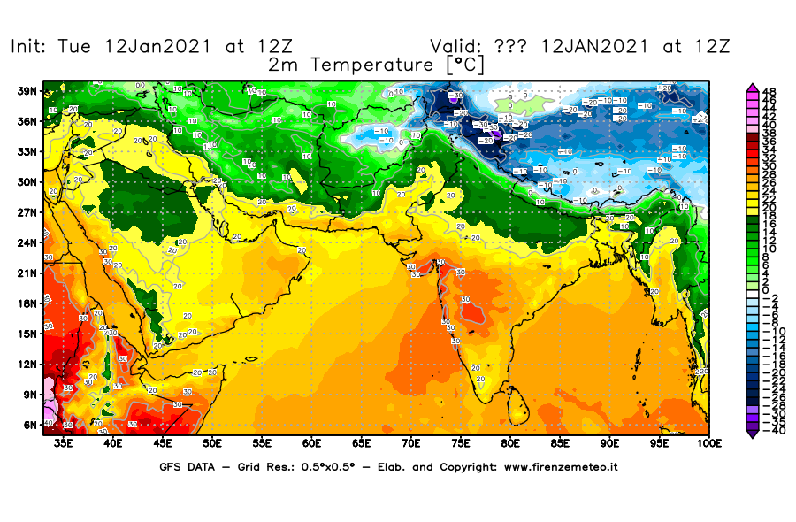 Mappa di analisi GFS - Temperatura a 2 metri dal suolo [°C] in Asia Sud-Occidentale
									del 12/01/2021 12 <!--googleoff: index-->UTC<!--googleon: index-->