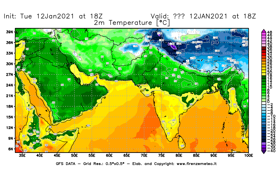 Mappa di analisi GFS - Temperatura a 2 metri dal suolo [°C] in Asia Sud-Occidentale
							del 12/01/2021 18 <!--googleoff: index-->UTC<!--googleon: index-->