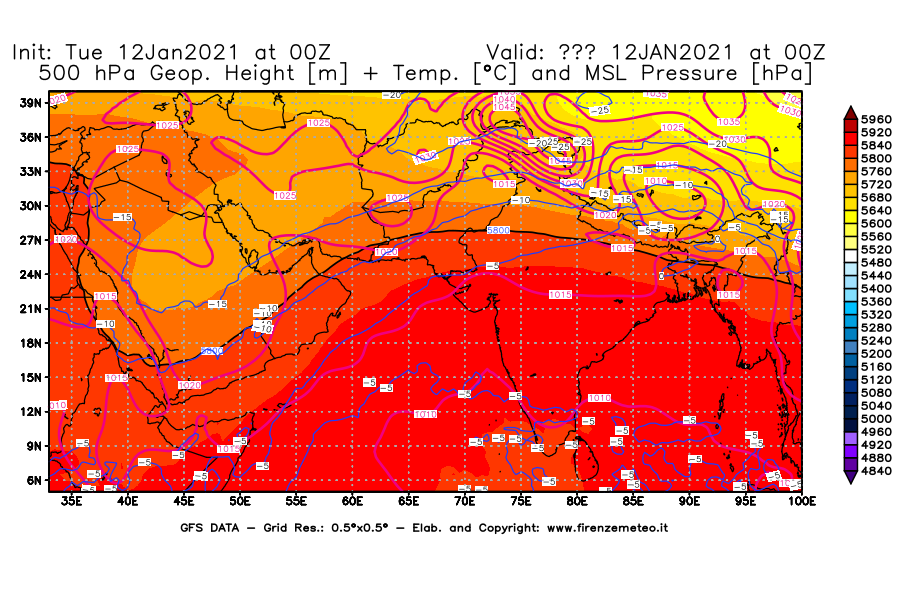 Mappa di analisi GFS - Geopotenziale [m] + Temp. [°C] a 500 hPa + Press. a livello del mare [hPa] in Asia Sud-Occidentale
									del 12/01/2021 00 <!--googleoff: index-->UTC<!--googleon: index-->