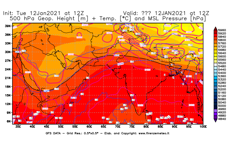 Mappa di analisi GFS - Geopotenziale [m] + Temp. [°C] a 500 hPa + Press. a livello del mare [hPa] in Asia Sud-Occidentale
							del 12/01/2021 12 <!--googleoff: index-->UTC<!--googleon: index-->