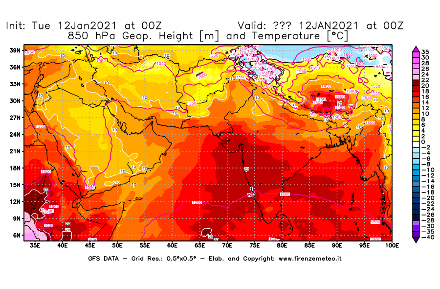 Mappa di analisi GFS - Geopotenziale [m] e Temperatura [°C] a 850 hPa in Asia Sud-Occidentale
							del 12/01/2021 00 <!--googleoff: index-->UTC<!--googleon: index-->