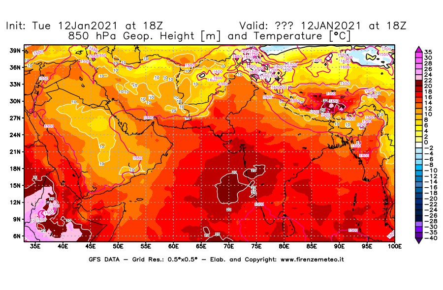 Mappa di analisi GFS - Geopotenziale [m] e Temperatura [°C] a 850 hPa in Asia Sud-Occidentale
									del 12/01/2021 18 <!--googleoff: index-->UTC<!--googleon: index-->